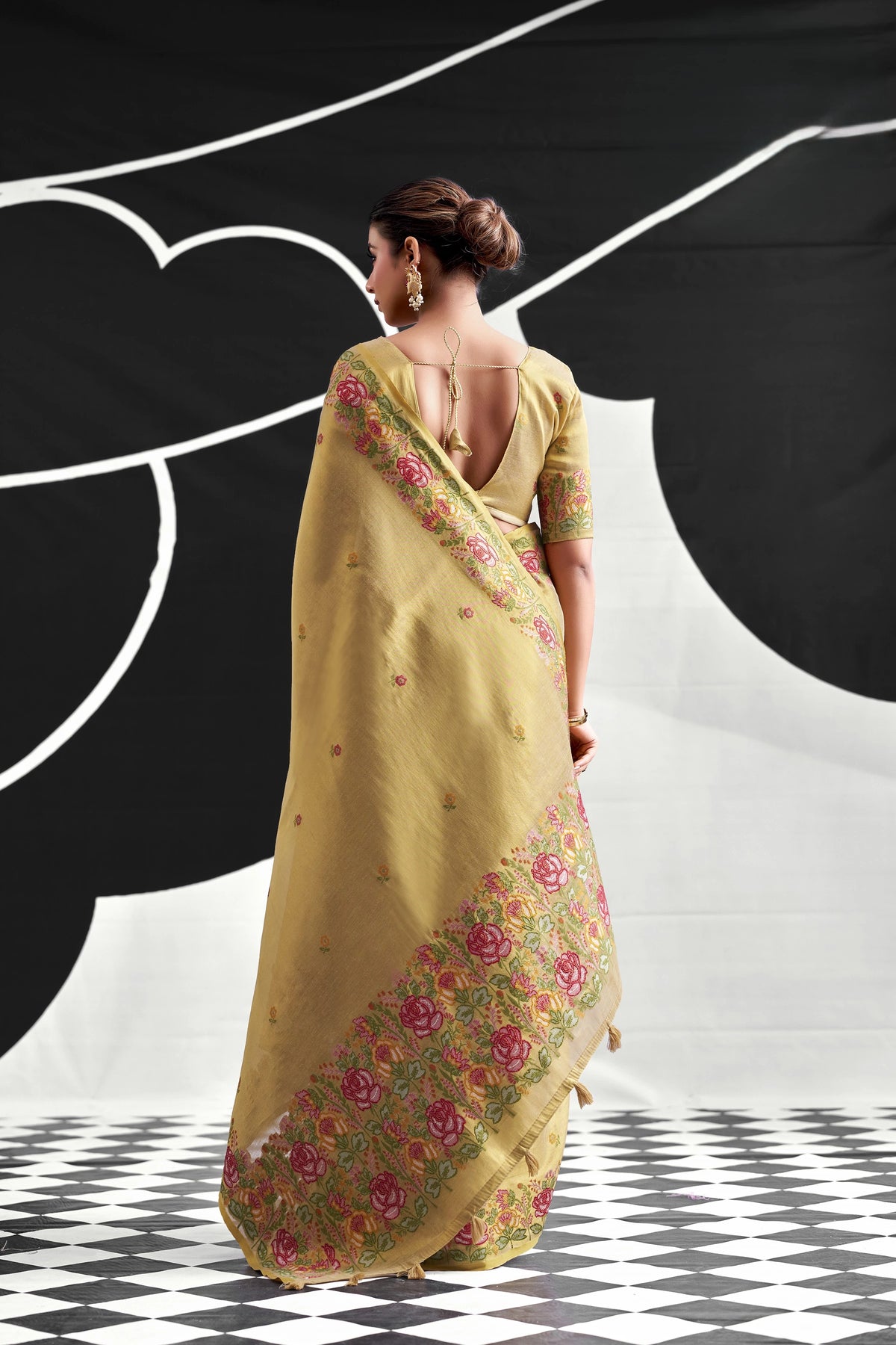 Mustard Yellow Tissue Silk Saree with Multicolour Floral Border