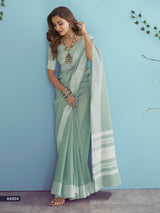Sage Green Soft Linen Silk Saree with Chikankari Woven Border