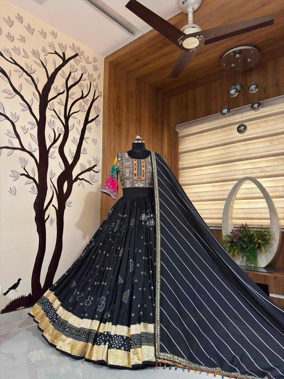Digital Print Mirror Work Navratri Lehenga Set - Black