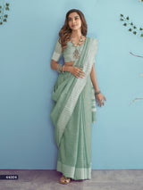 Sage Green Soft Linen Silk Saree with Chikankari Woven Border
