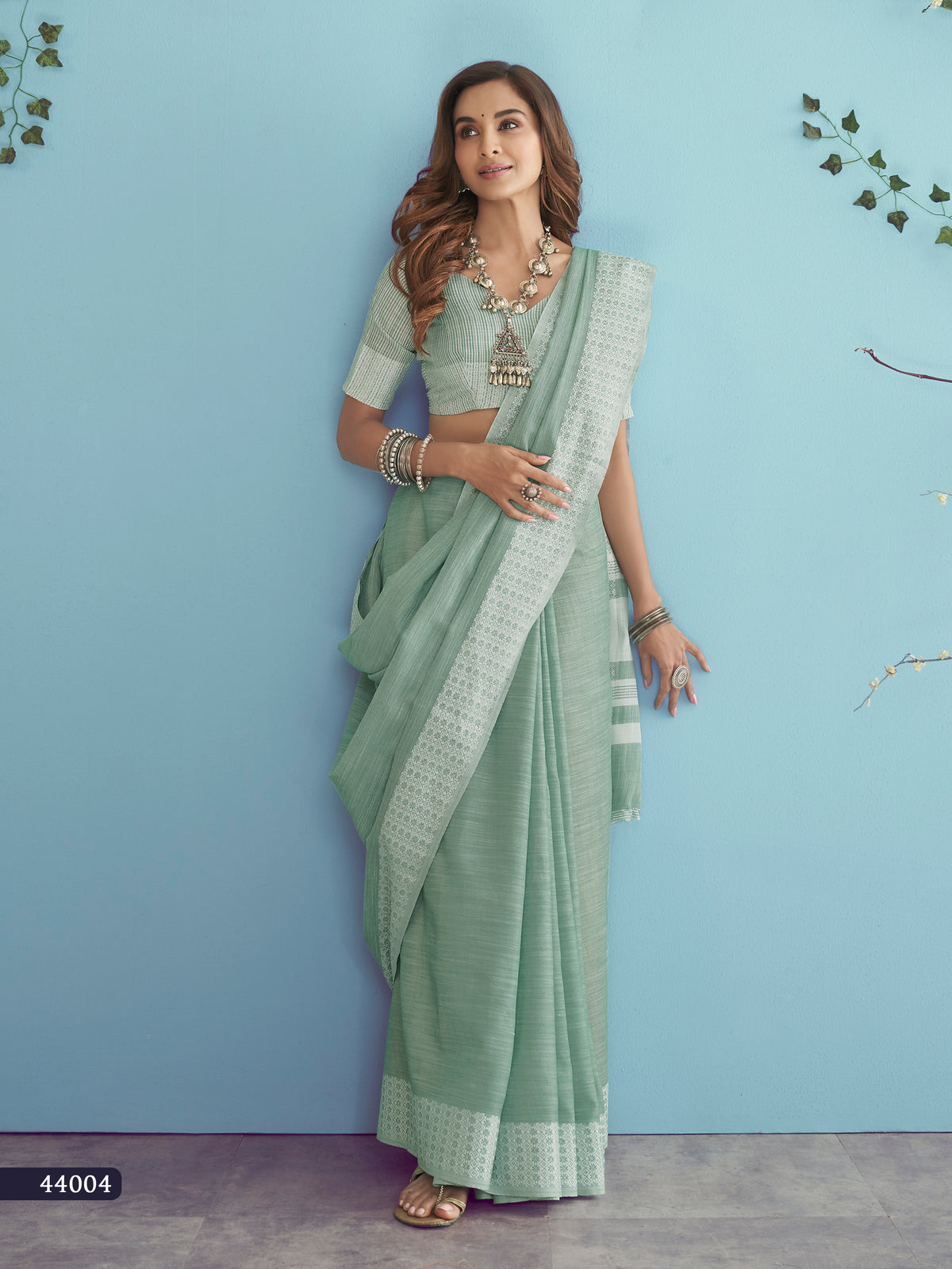 Sage Green Soft Linen Silk Saree with Chikankari Woven Border