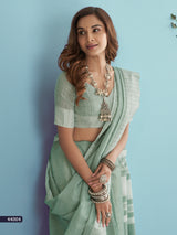 Sage Green Soft Linen Silk Saree with Chikankari Woven Border