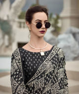 Black Pure Mul Silk Saree With Ivory Traditional Motifs
