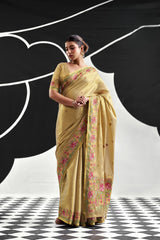 Mustard Yellow Tissue Silk Saree with Multicolour Floral Border