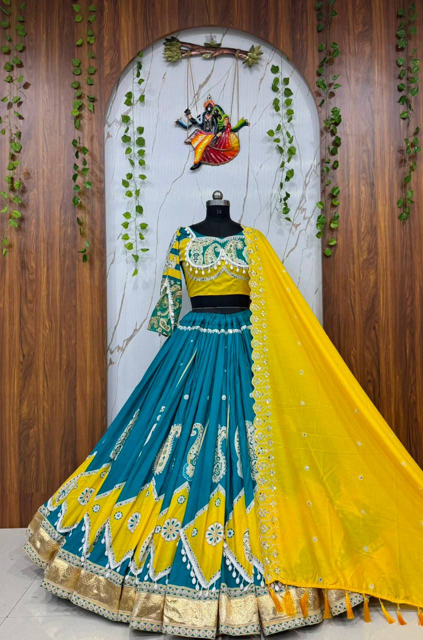 Mayurika Teal & Marigold Kodi Mirror Work Navratri Lehenga Set - Teal Blue