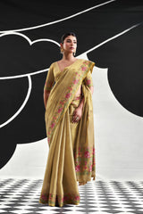 Mustard Yellow Tissue Silk Saree with Multicolour Floral Border