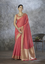 Coral Rose Cotton Silk Saree with Gold Zari Stripes