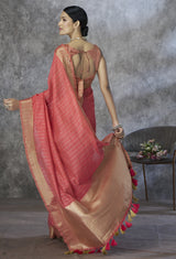 Coral Rose Cotton Silk Saree with Gold Zari Stripes