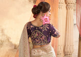 Beige Ivory Satin Saree with Embroidered Plum Blouse