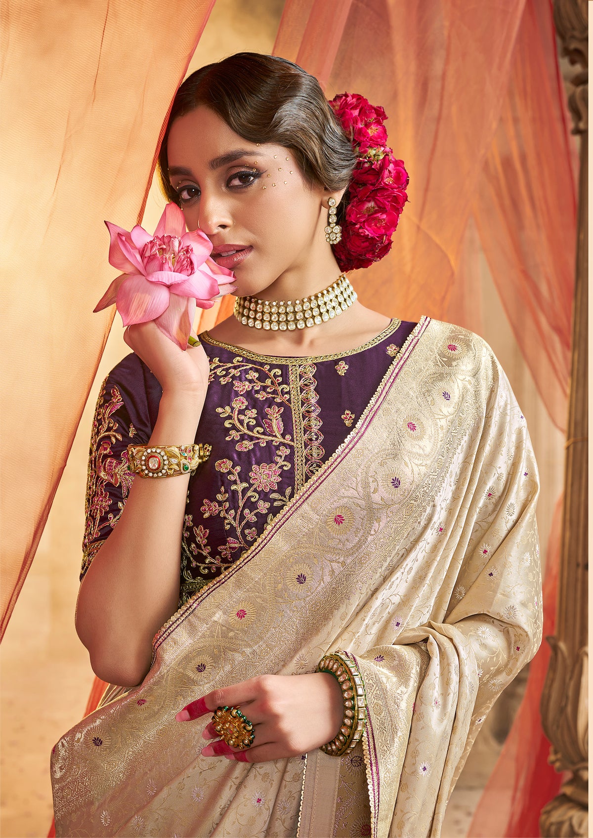 Beige Ivory Satin Saree with Embroidered Plum Blouse