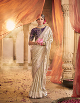 Beige Ivory Satin Saree with Embroidered Plum Blouse