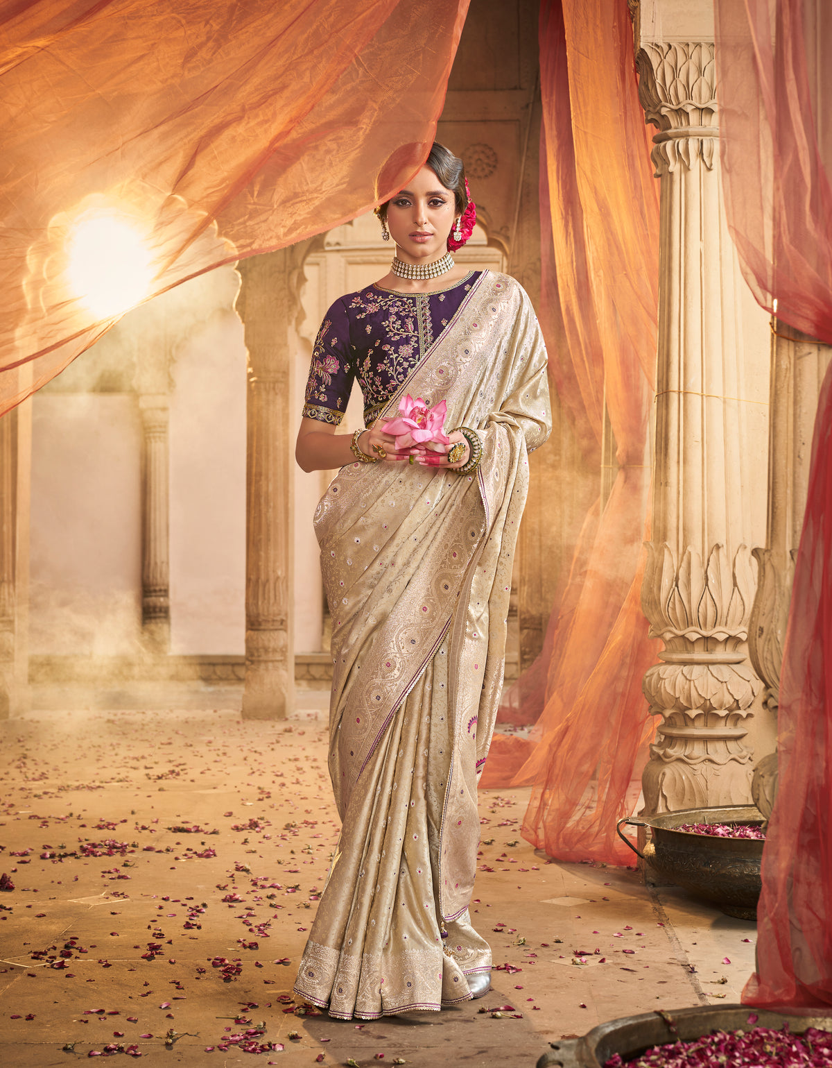 Beige Ivory Satin Saree with Embroidered Plum Blouse