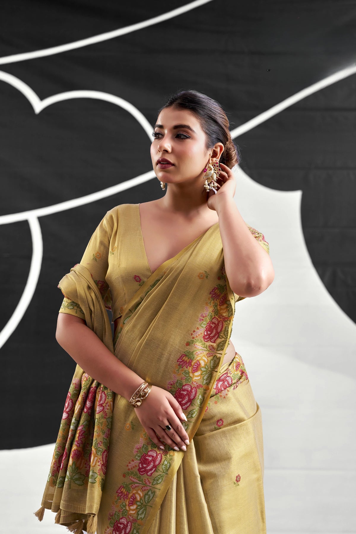 Mustard Yellow Tissue Silk Saree with Multicolour Floral Border