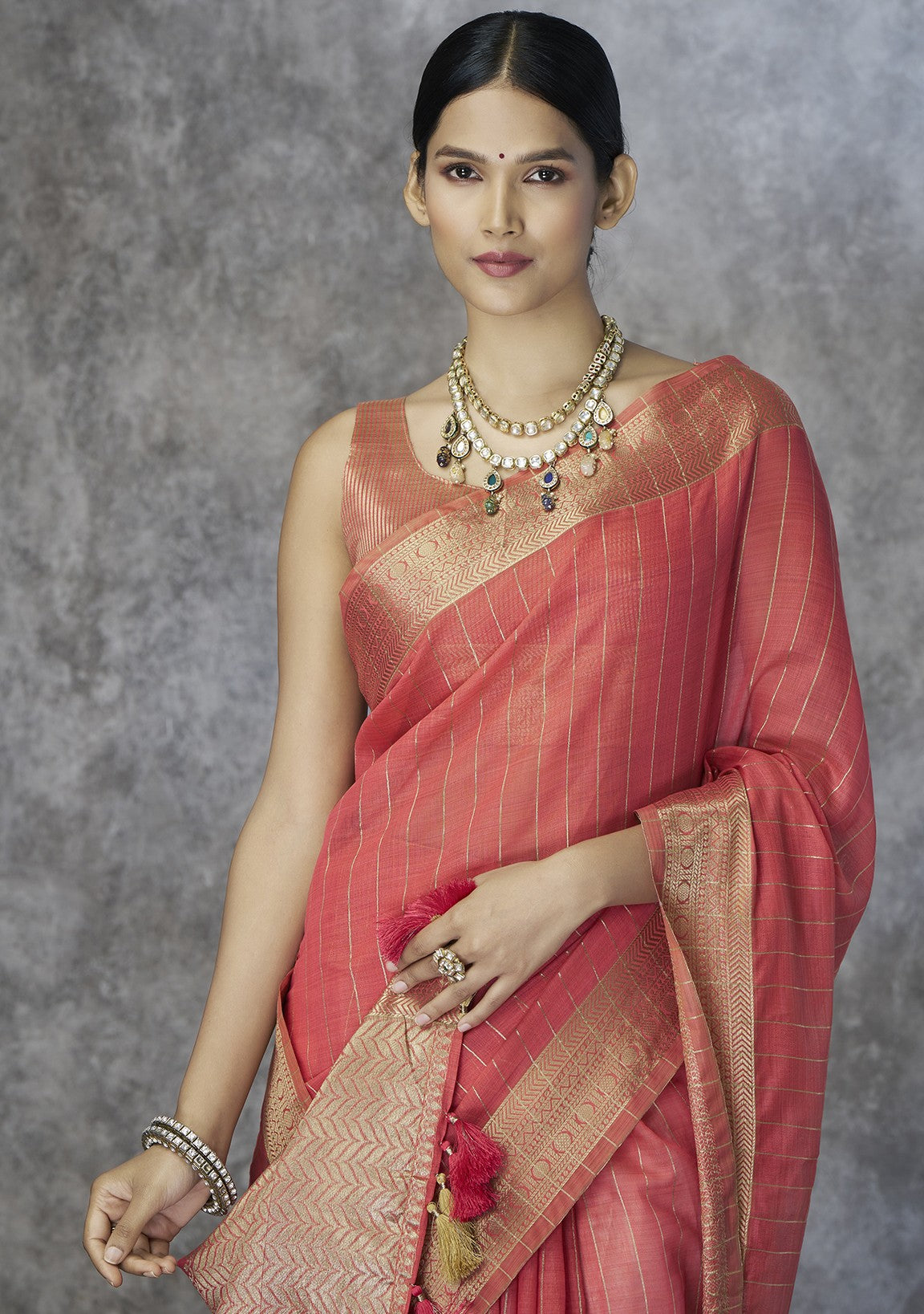 Coral Rose Cotton Silk Saree with Gold Zari Stripes
