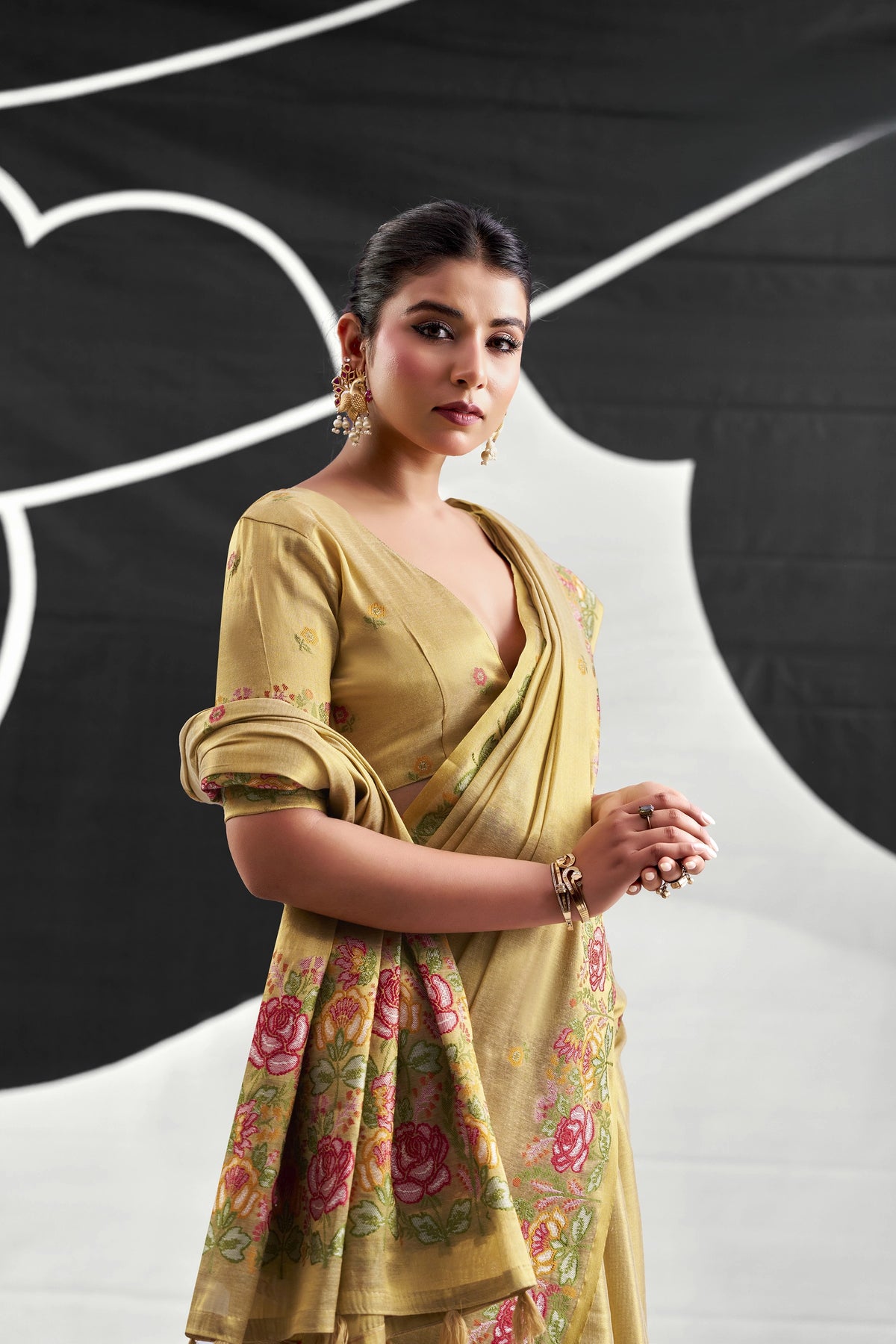 Mustard Yellow Tissue Silk Saree with Multicolour Floral Border