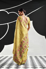 Turmeric Yellow Tissue Silk Saree with Floral Embroidery
