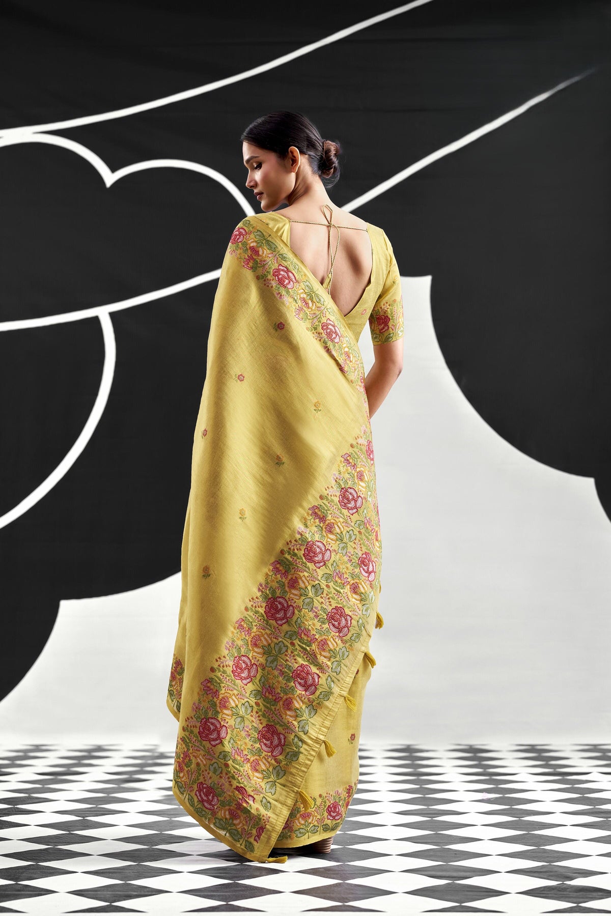 Turmeric Yellow Tissue Silk Saree with Floral Embroidery