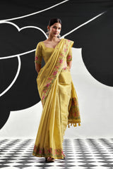 Turmeric Yellow Tissue Silk Saree with Floral Embroidery