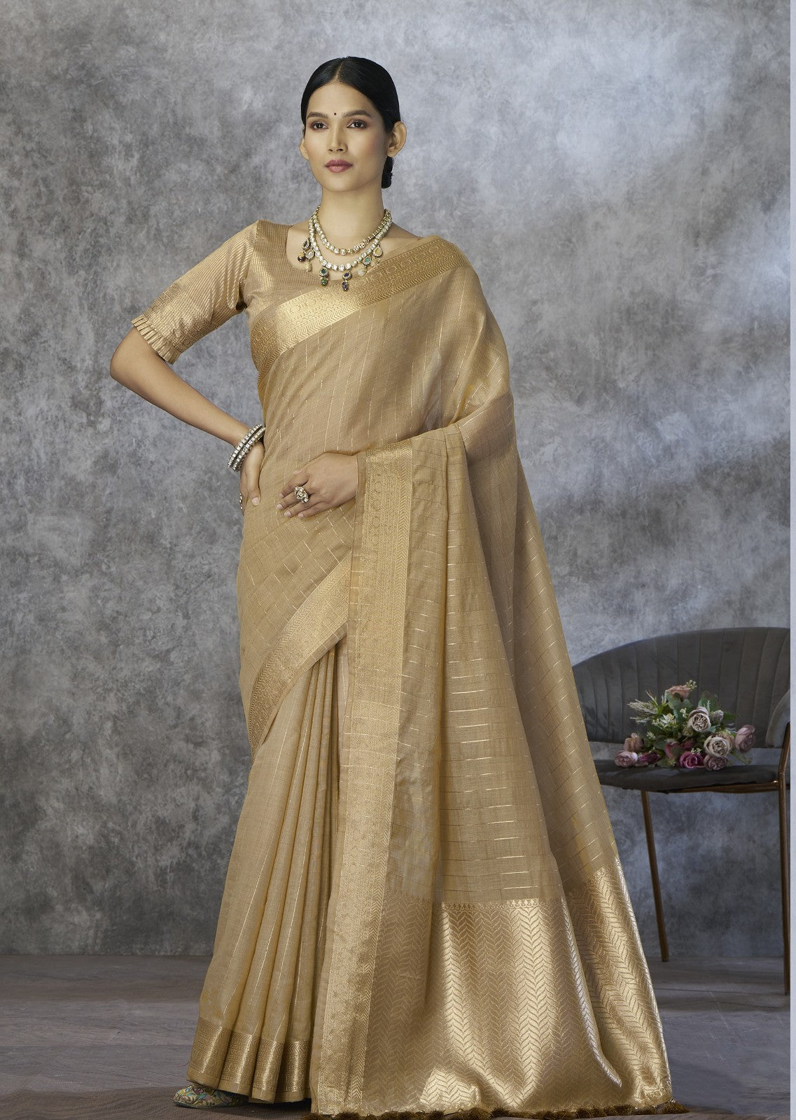 Light Brown Cotton Silk Saree with Zari Stripes & Woven Pallu