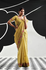 Turmeric Yellow Tissue Silk Saree with Floral Embroidery