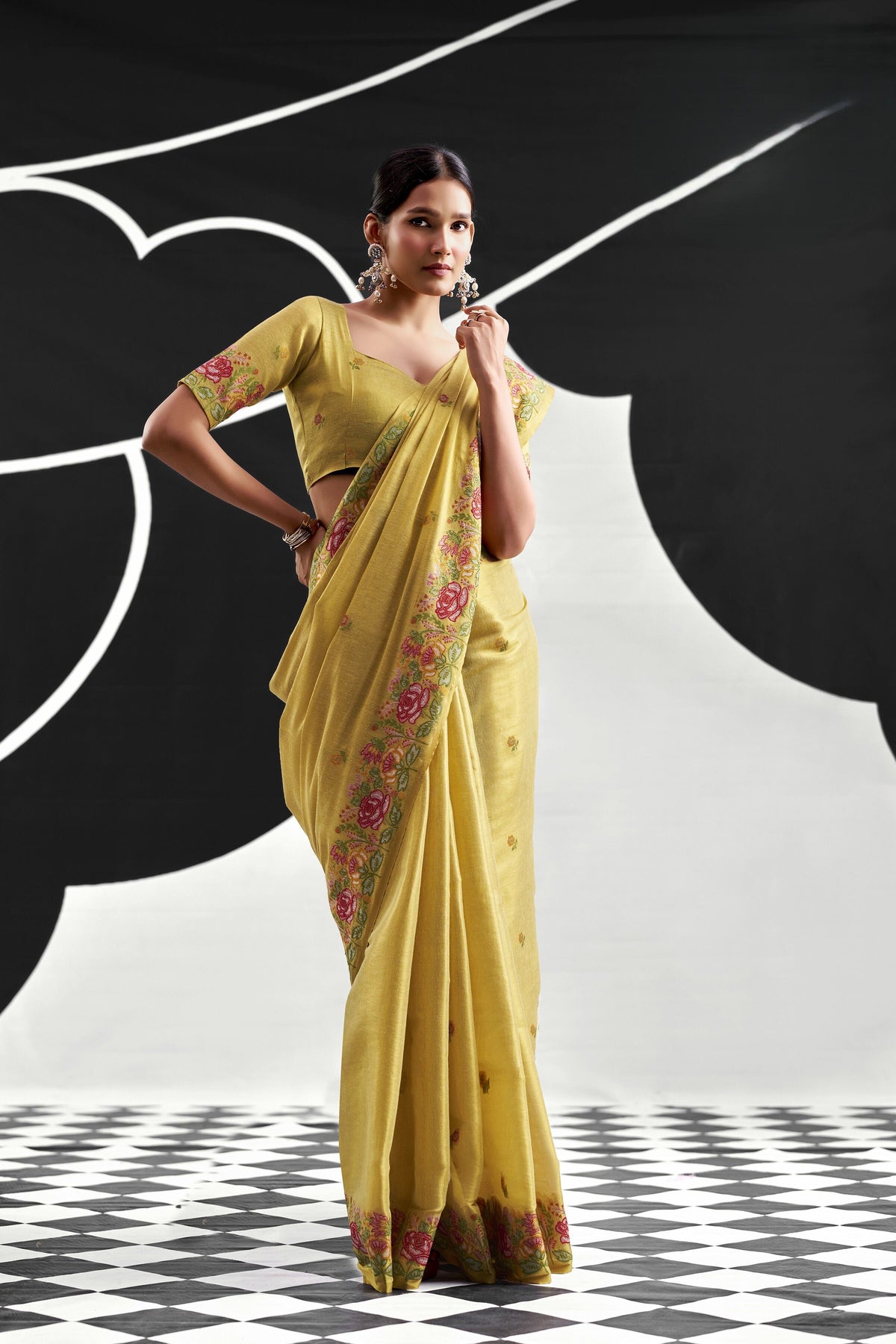 Turmeric Yellow Tissue Silk Saree with Floral Embroidery