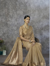 Light Brown Cotton Silk Saree with Zari Stripes & Woven Pallu