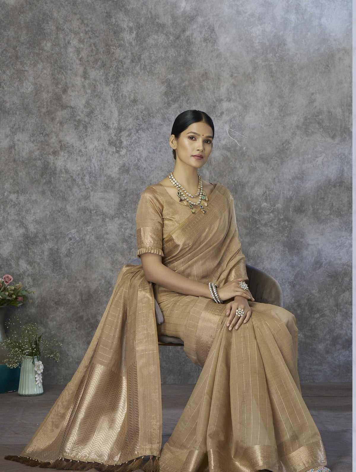 Light Brown Cotton Silk Saree with Zari Stripes & Woven Pallu