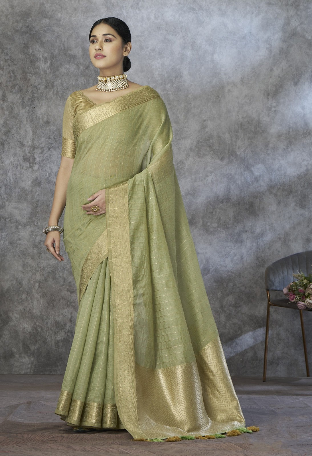 Sage Green Cotton Silk Saree with Gold Zari Stripes & Woven Pallu