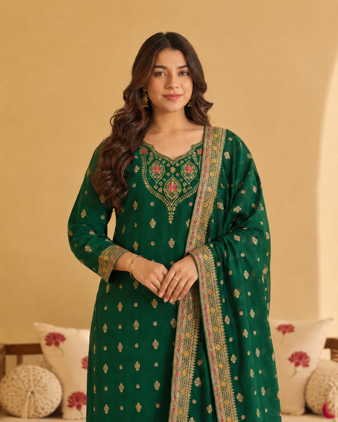 Emerald Green Art Silk Jacquard Suit 3 Piece