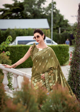Olive Green Printed Saree with Delicate Leaf Motifs & Traditional Border