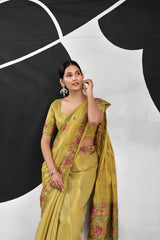 Turmeric Yellow Tissue Silk Saree with Floral Embroidery