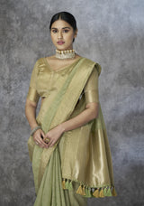 Sage Green Cotton Silk Saree with Gold Zari Stripes & Woven Pallu