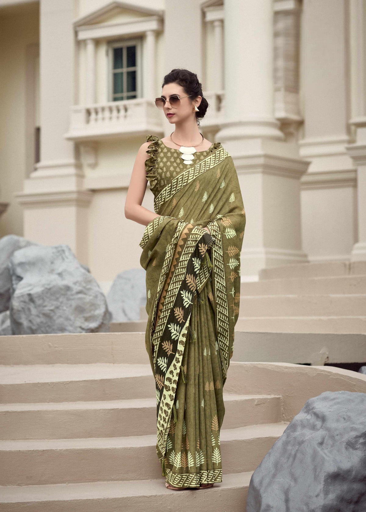 Olive Green Printed Saree with Delicate Leaf Motifs & Traditional Border