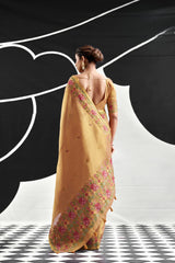 Saffron Orange Tissue Silk Saree with Floral Embroidery