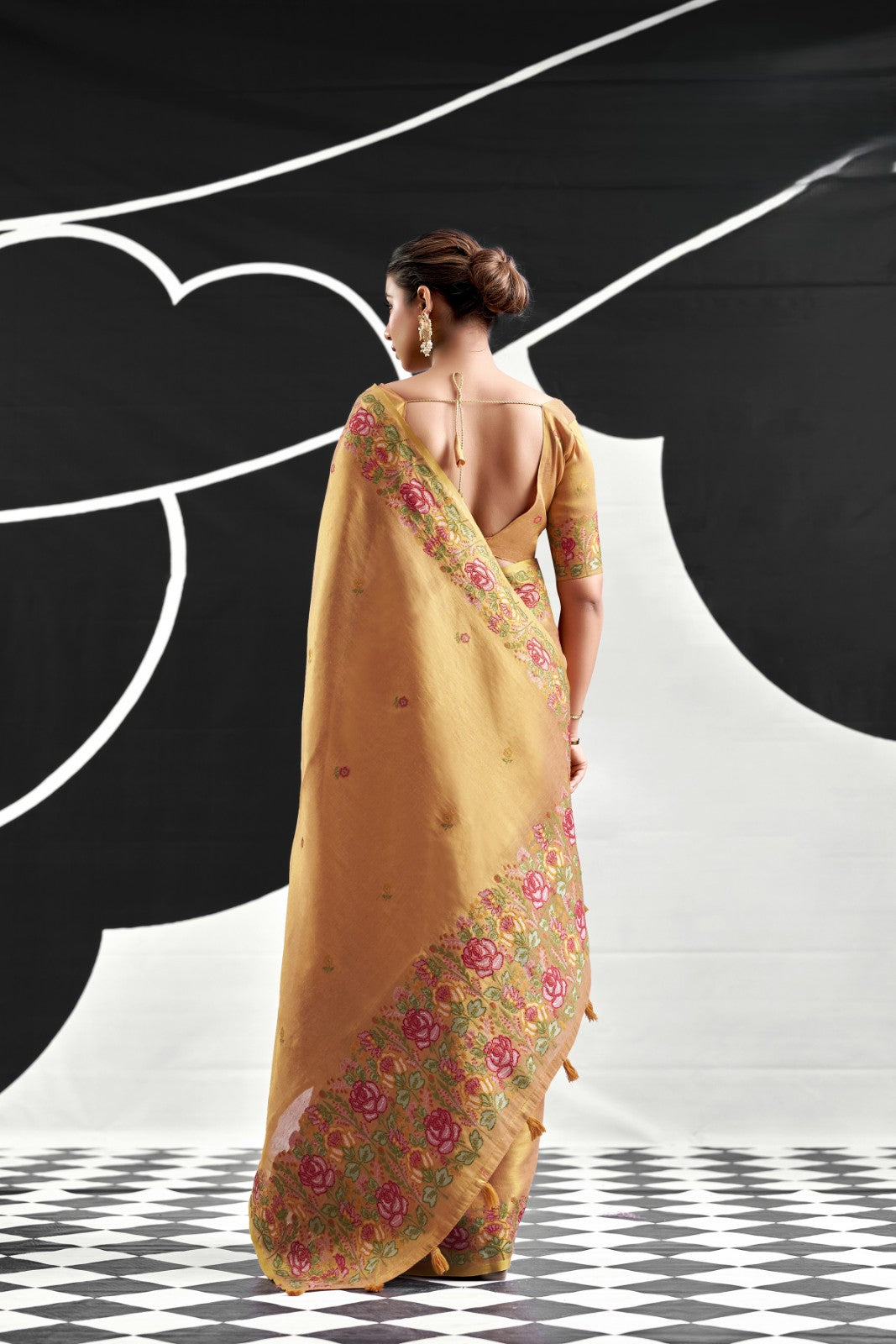 Saffron Orange Tissue Silk Saree with Floral Embroidery