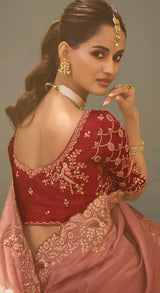 Peach Upada Silk Saree with Embroidered Lace Border & Designer Blouse