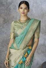 Sea Green Cotton Silk Saree with Gold Zari Stripes