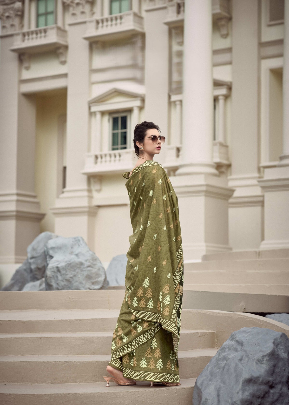 Olive Green Printed Saree with Delicate Leaf Motifs & Traditional Border