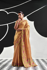Saffron Orange Tissue Silk Saree with Floral Embroidery