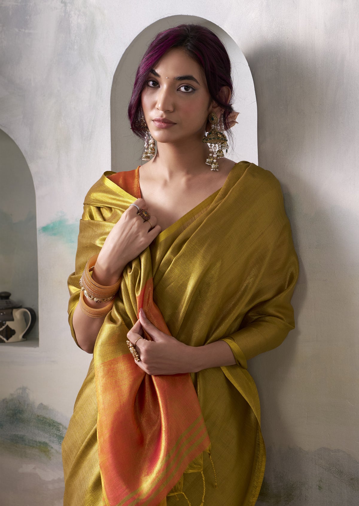Olive Gold Tissue Silk Saree with Orange Contrast Pallu