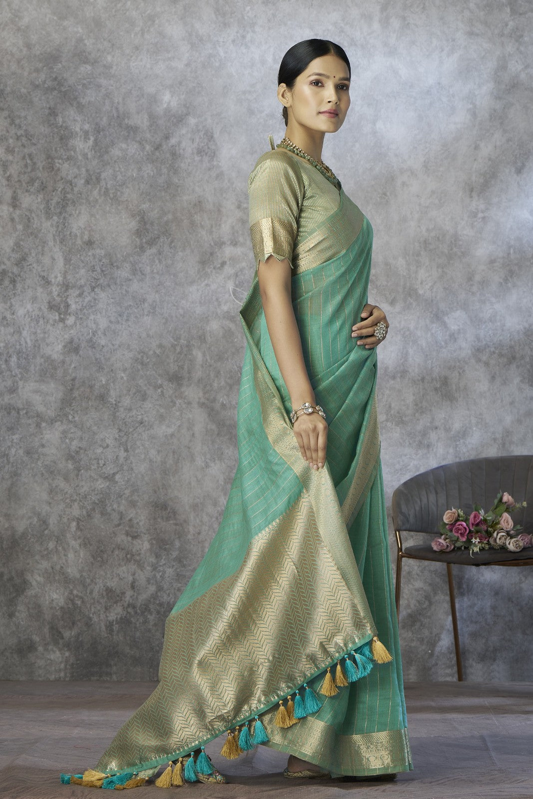 Sea Green Cotton Silk Saree with Gold Zari Stripes