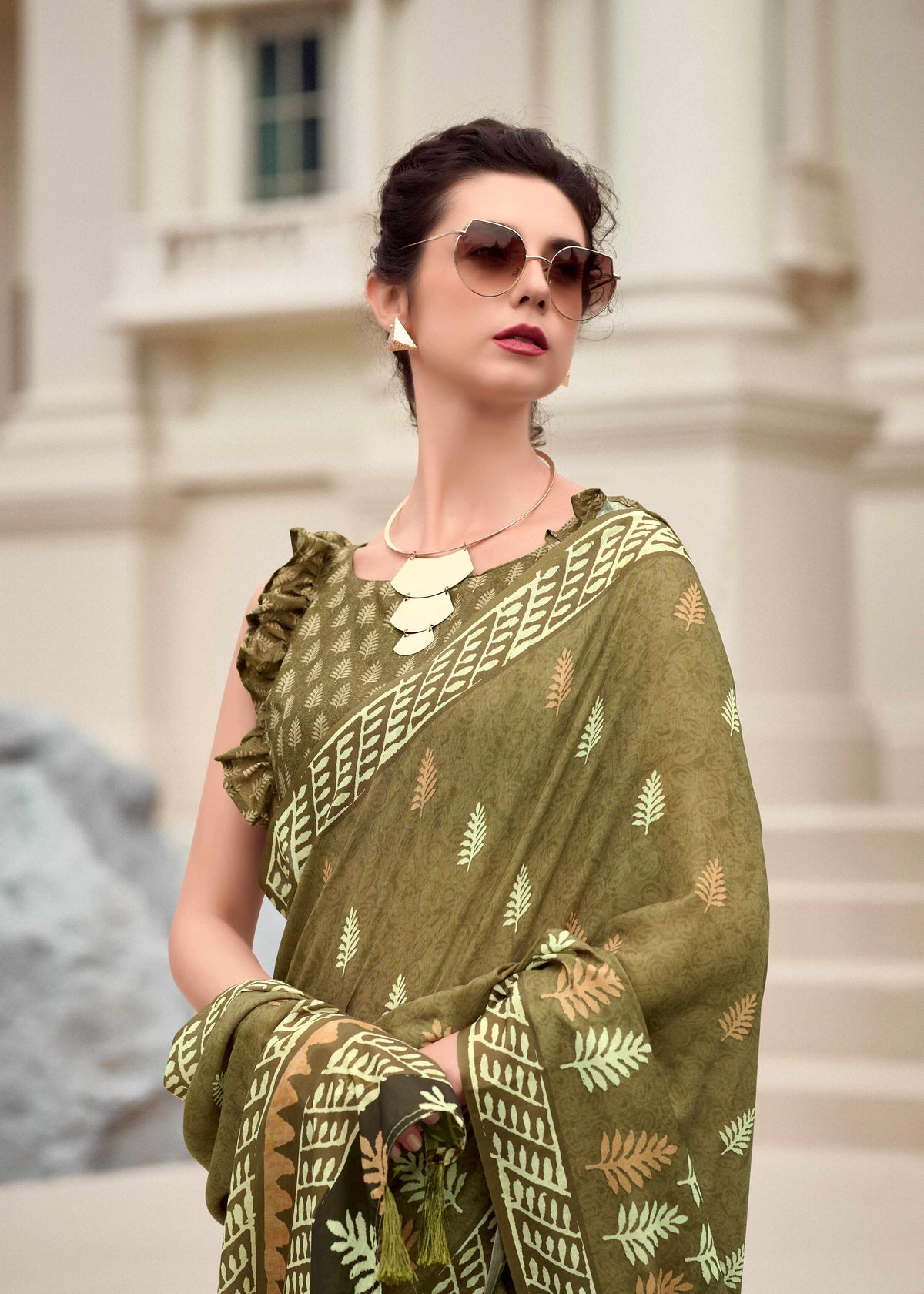 Olive Green Printed Saree with Delicate Leaf Motifs & Traditional Border