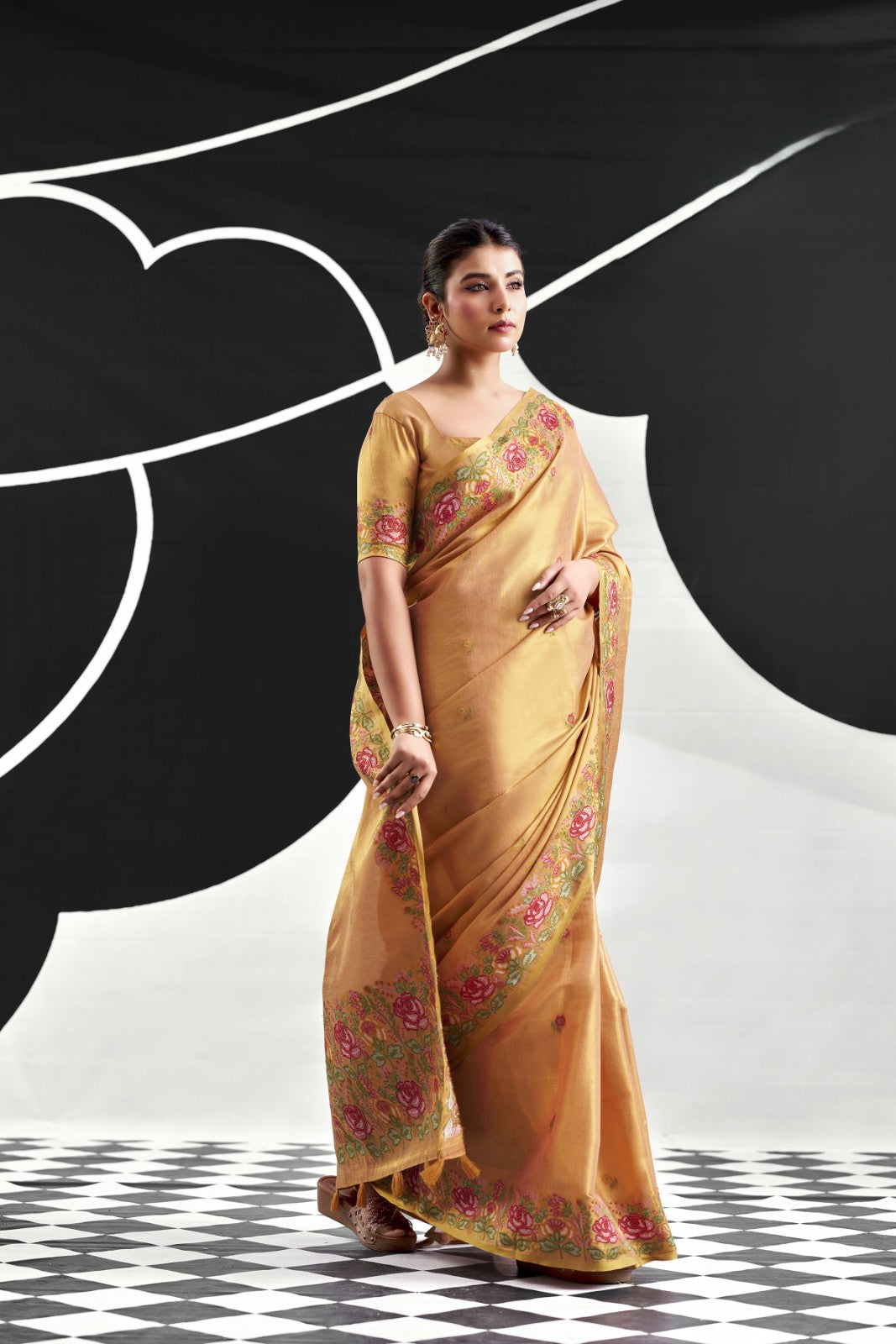 Saffron Orange Tissue Silk Saree with Floral Embroidery