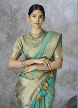 Sea Green Cotton Silk Saree with Gold Zari Stripes