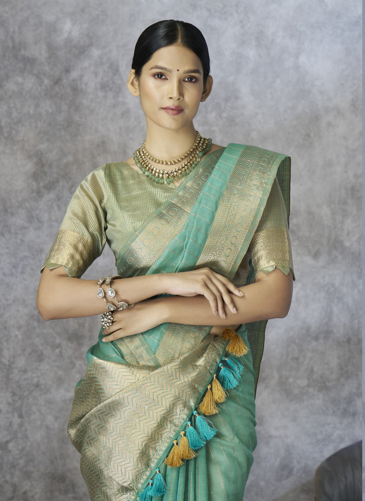 Sea Green Cotton Silk Saree with Gold Zari Stripes