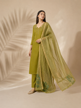 Parrot Green Premium Mul Chanderi Suit 3 Piece