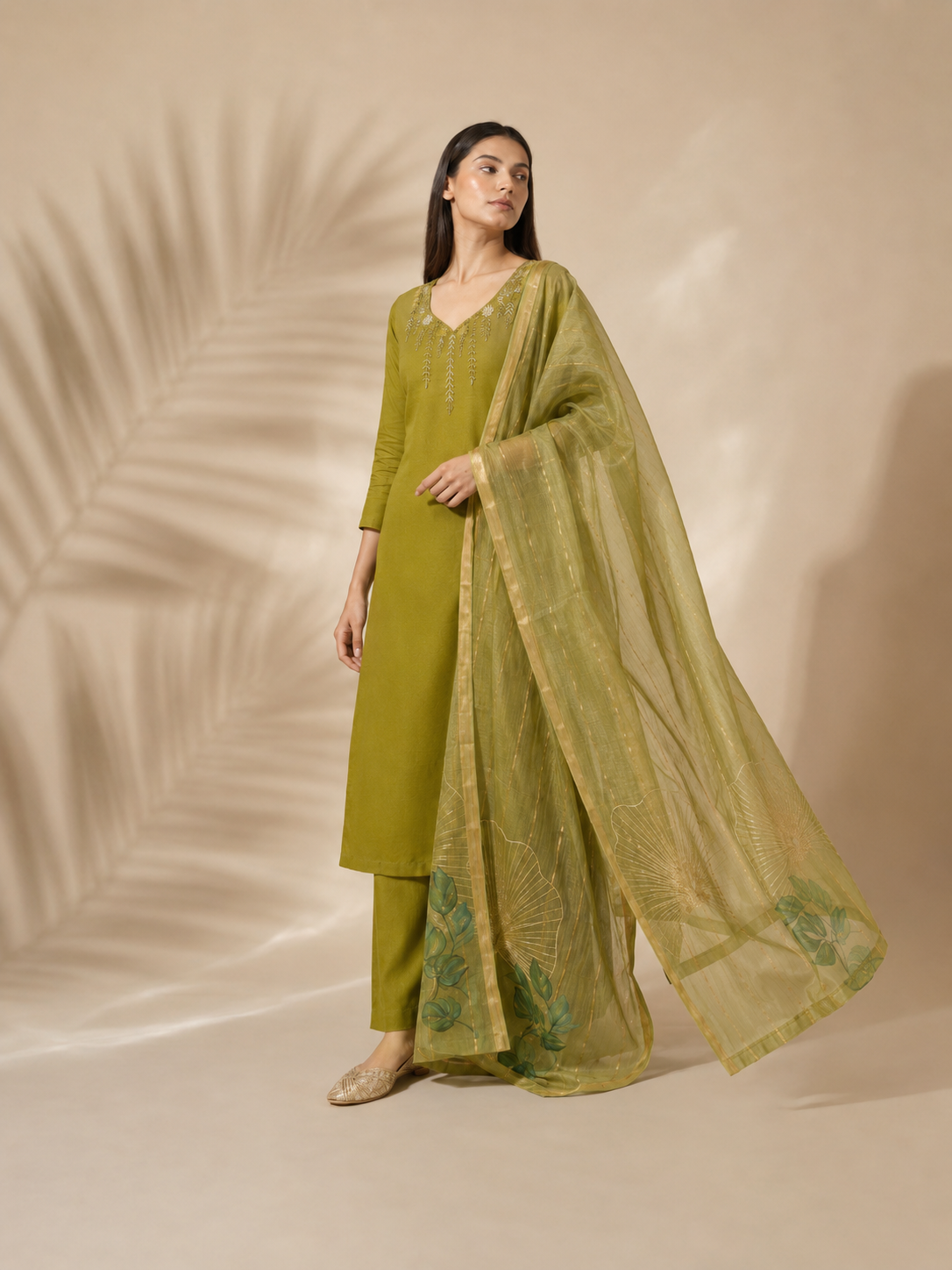 Parrot Green Premium Mul Chanderi Suit 3 Piece