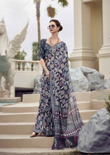 Navy Blue Printed Saree with Floral Motifs & Geometric Border