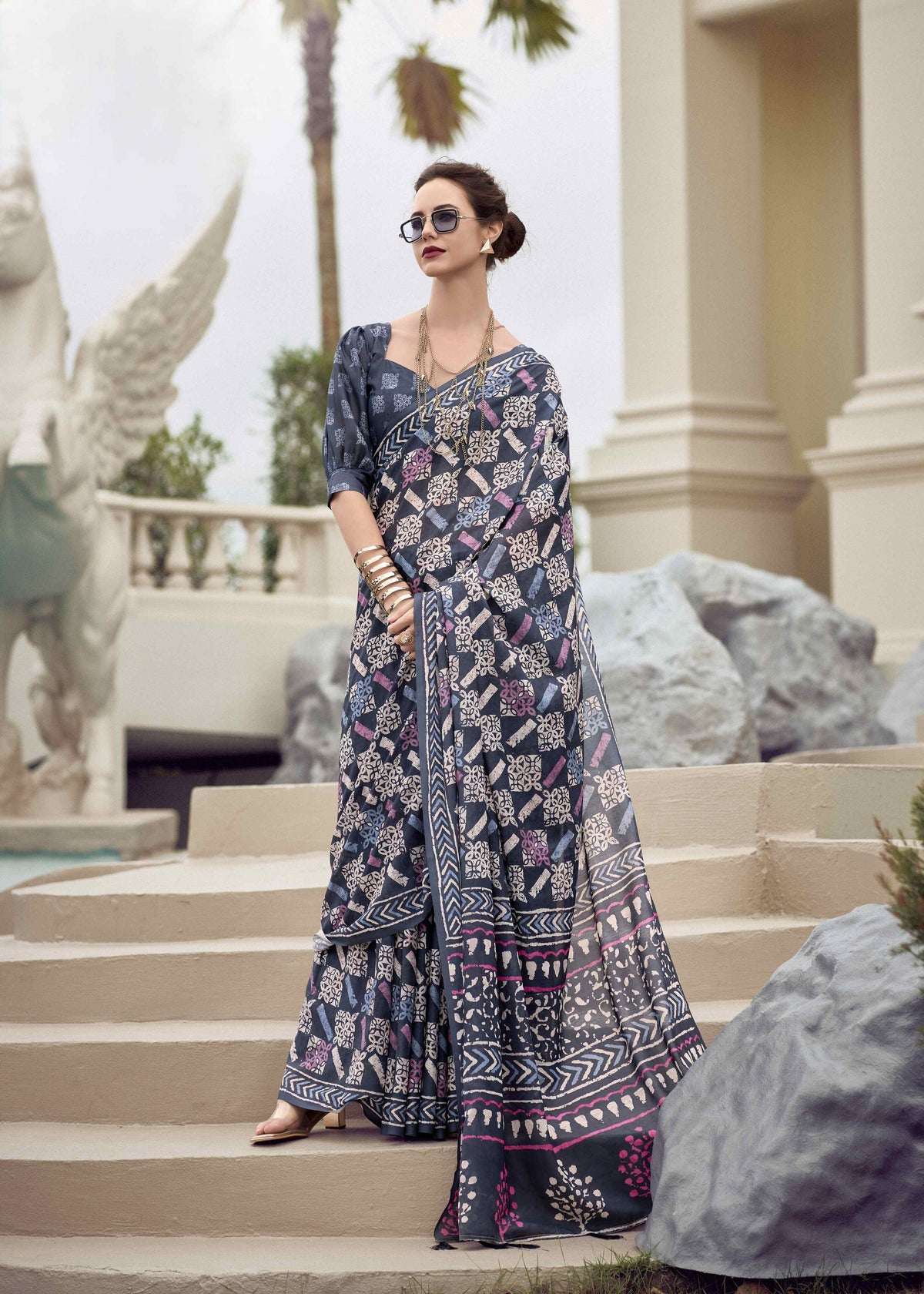 Navy Blue Printed Saree with Floral Motifs & Geometric Border