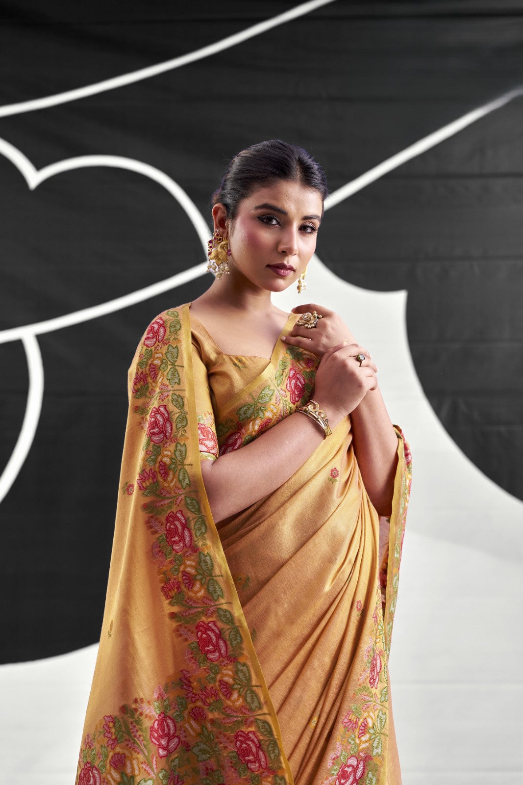 Saffron Orange Tissue Silk Saree with Floral Embroidery